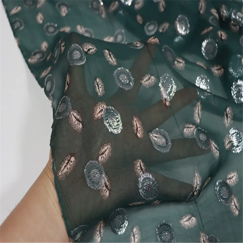 Environmental Charming Dark Greem Hot Sale Silk Metallic Fabric Lurex Silver Dots Leaves for Men Women Shirt Trousers Scarves