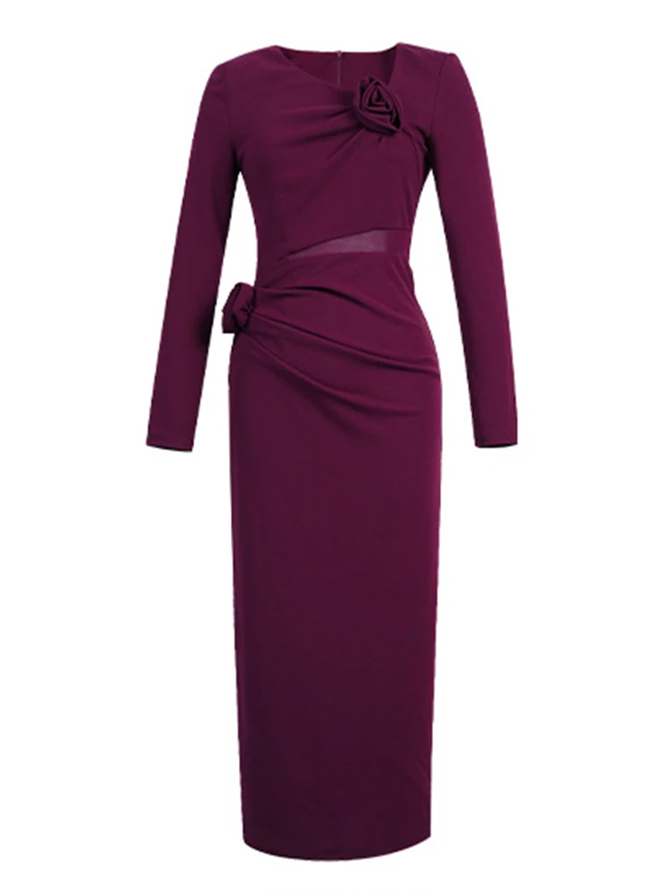 ヴィンテージシックなミディ丈シースドレス、女性用、エレガントなカットアウトウエスト、3Dローズ装飾、パーティードレス、イブニングフォーマル、集まり用ドレス