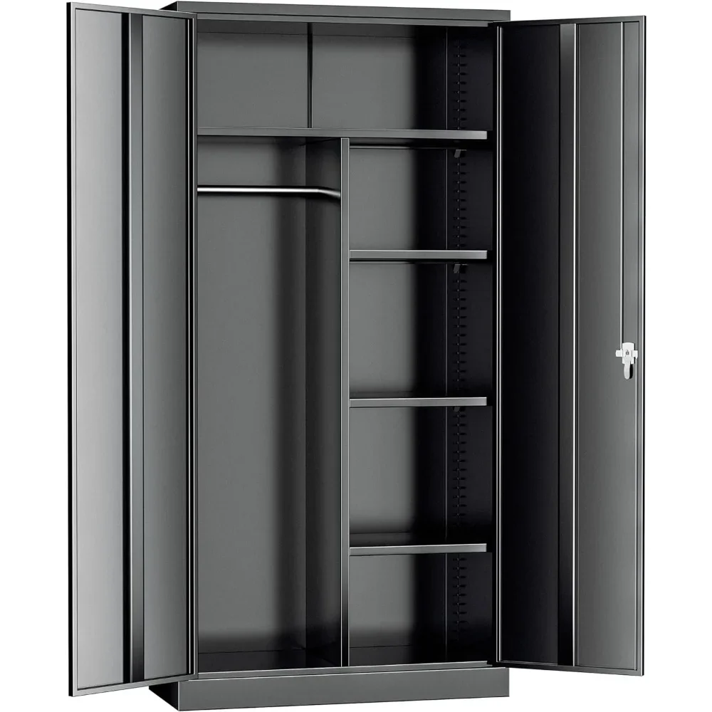 Lockable Almirah for Clothes with Adjustable Shelves, 71”H Metal Storage Cabinets with Doors and Hanging Rod