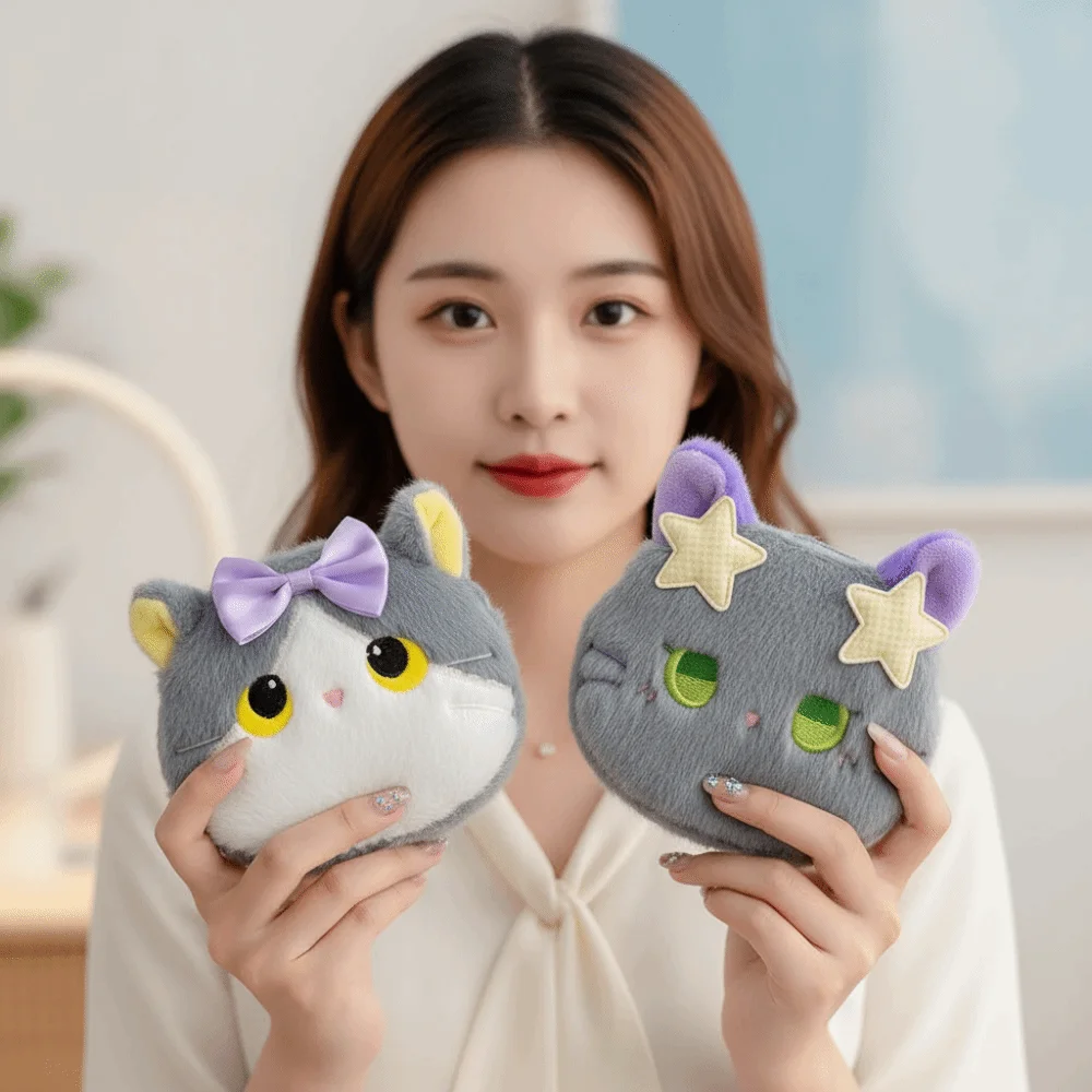 Star Decor Cat Coin Purse Compact Size Zipper Closure Earbud Storage Bag Cute Embroidery Lightweight Texture Mini Wallet