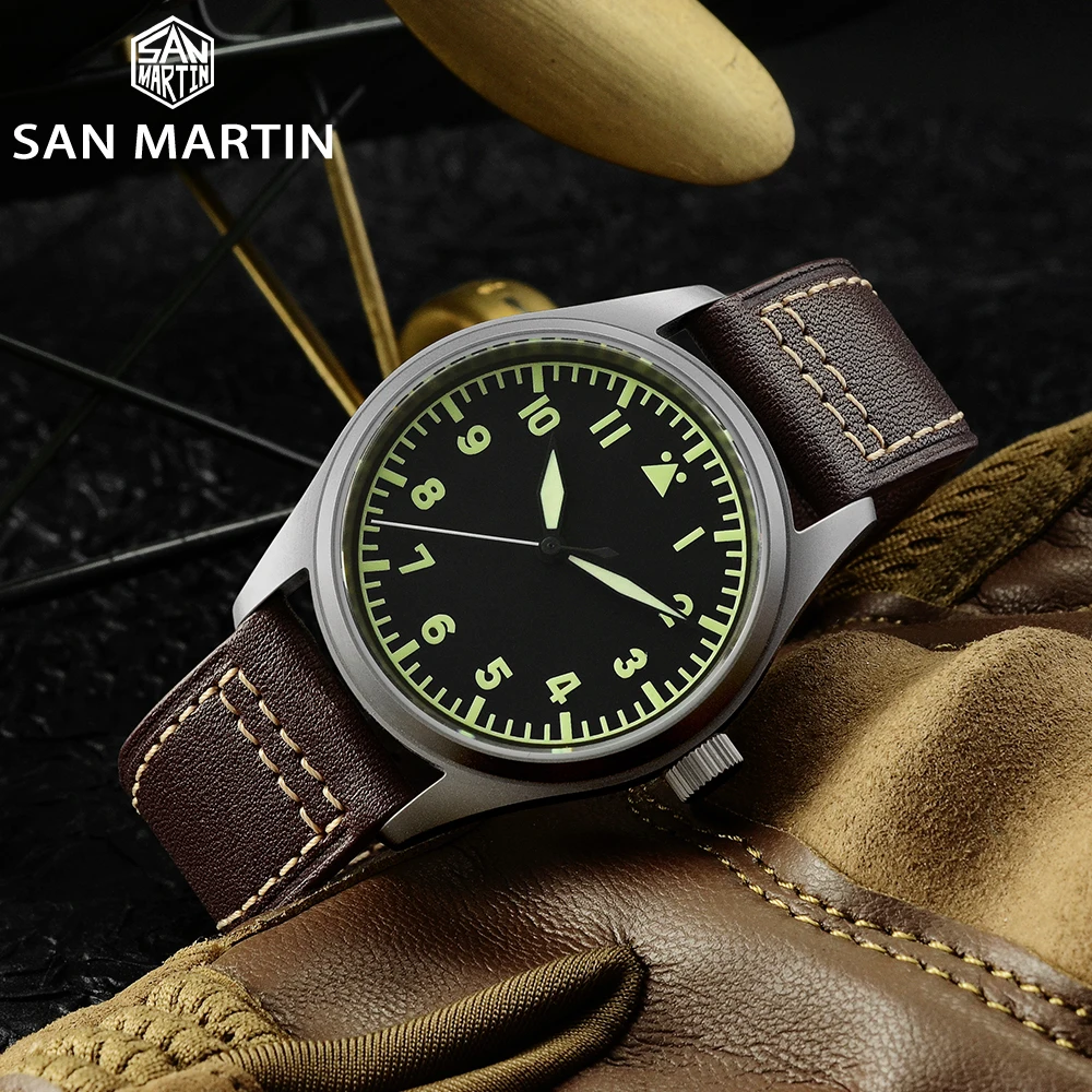 Imagem -02 - San Martin-relógio Mecânico Automático para Homem Titânio Vintage Entusiastas Militares Pulseira de Couro Impermeável Luminoso Yn55