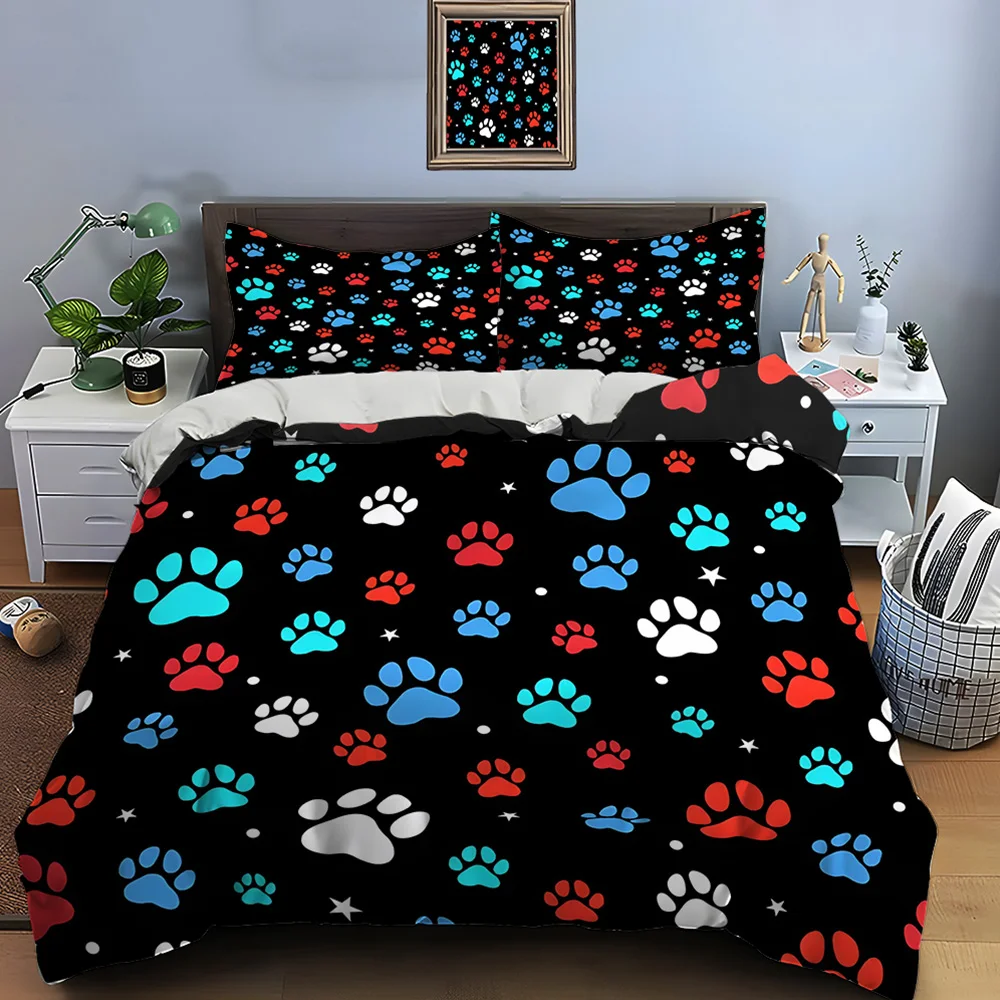 Colorful Paw Prints on Black Background Pattern Duvet Cover Set Digital Print Polyester Bedding with Zipper Closur kids gifts