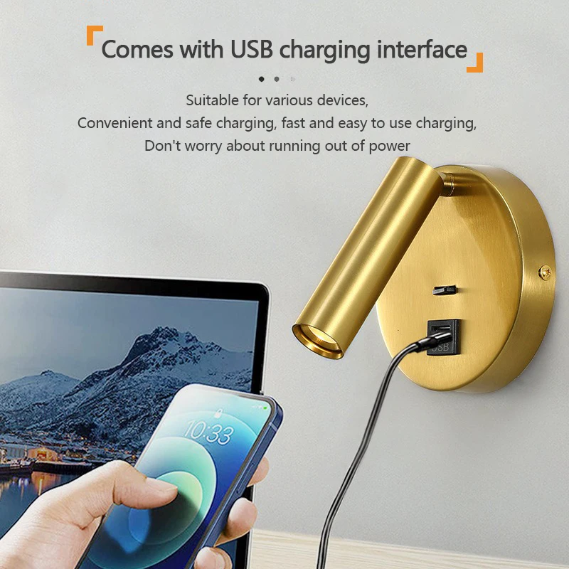 Lâmpada de parede LED moderno com carregamento USB, dobrável luz de leitura, abajur, estudo do quarto do hotel e cabeceira, 350 graus de rotação