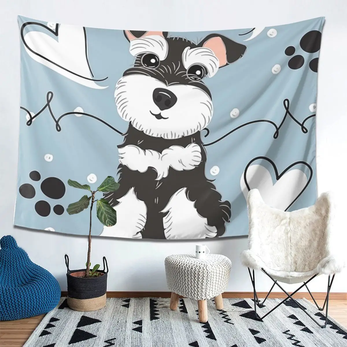 Love Black And White Miniature Schnauzer Tapestry Wall Hanging Aesthetic Home Decoration Tapestries for Living Room Bedroom
