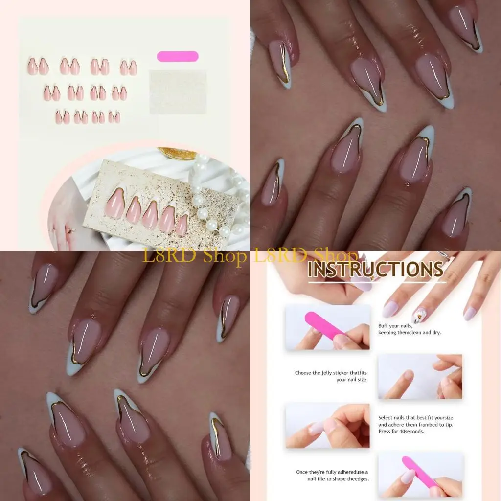L8RD 1 Set French Tip False Nails Detachable Press On Nails Almond Full Cover on Nails Manicures Supplies for Woman