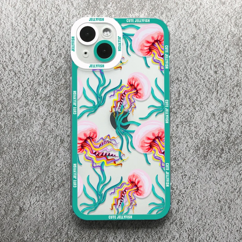 Funny Cartoon Jellyfish Phone Case For iPhone 17 16 15 14 13 12 11 Pro Max Mini Plus 7 8 Air Shockproof Transparent Soft Cover