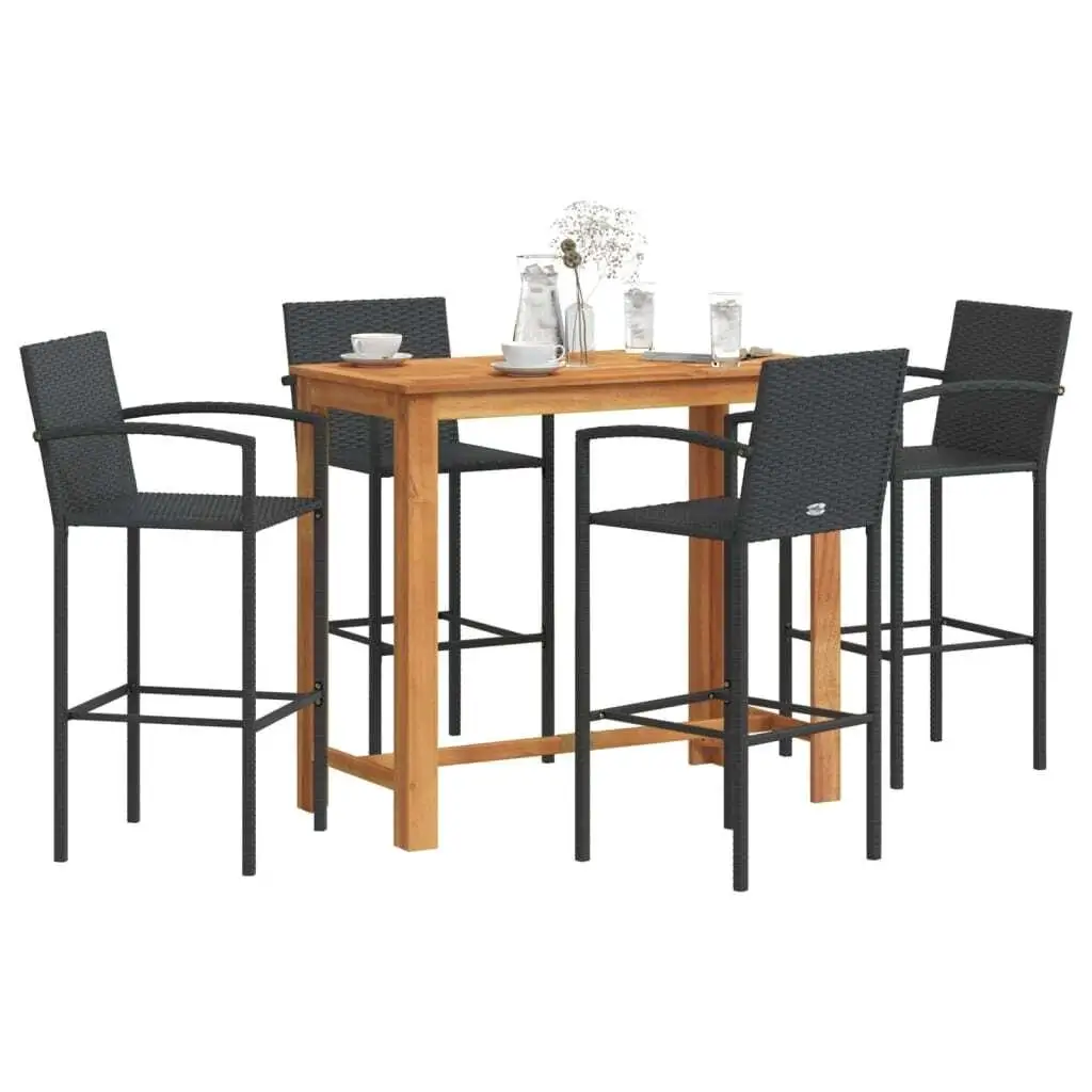 5-Piece Outdoor Patio Bar Set - Black Acacia Wood & Poly Rattan Furniture