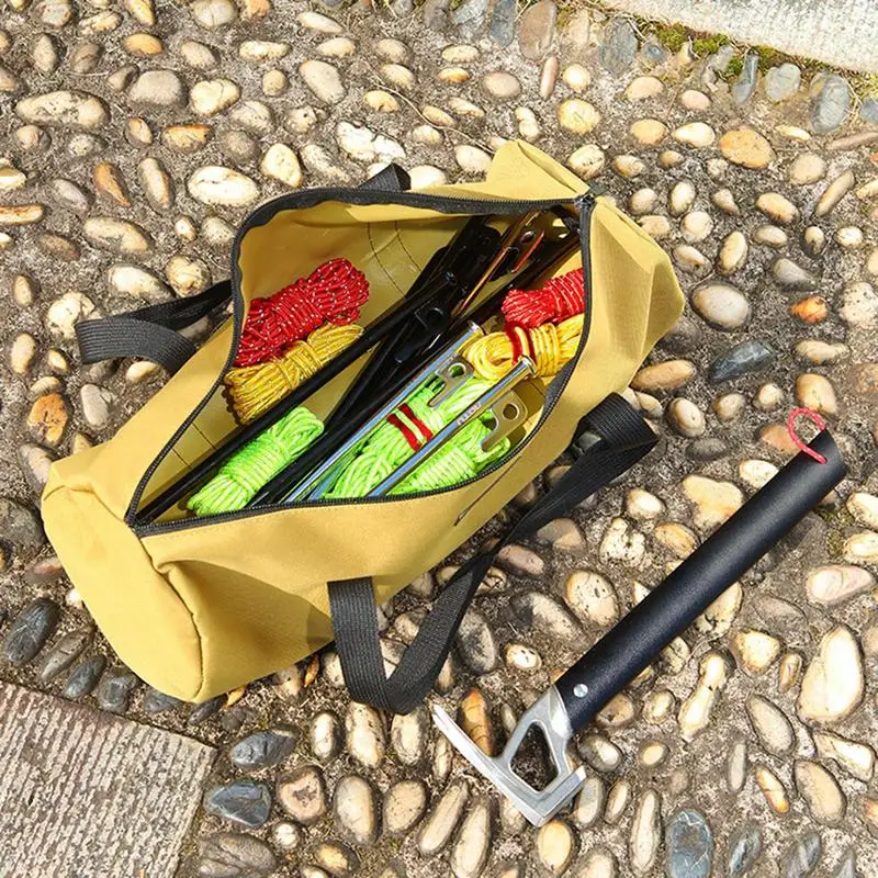 Tent Stake Bag Camping Tent Peg Ground Nail Storage Bag Double Layer Canvas Storage Bag Heavy Duty Hammer Nail Pouch for Hiking