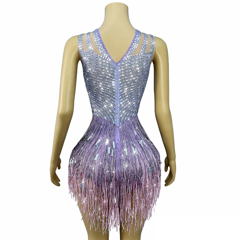 Błyszczący strój z cekinami i dżetami, damski kombinezon z frędzlami do tańca jazzowego, na imprezę w barze, klubie nocnym, dla DJ-a, na występy sceniczne, XS10284