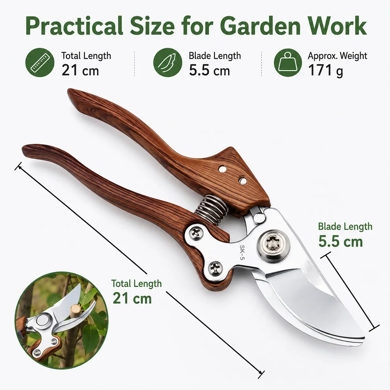 1PC SK5 Steel Garden Pruning Shears, Heavy Duty Bypass Pruner for Fruit Trees Thick Branches Flowers,Ergonomic Wood Grain Handle