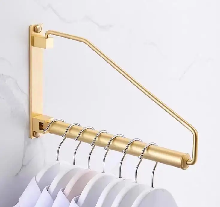 All-copper brushed gold small household clothes drying rack, concealed folding wall-mounted clothes drying pole, rotating towel
