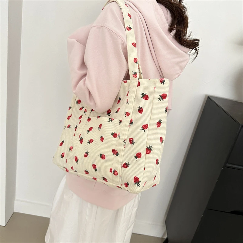 Forest Fresh Corduroy Handbag Strawberries Sweet Versatile Shoulder Bag Large Capacity Commuter Women's Tote Bag