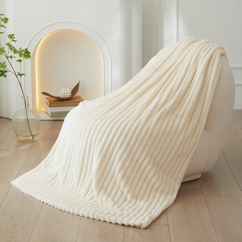 Classic Ribbed Blanket, Minimalist & Versatile Solid Color Faux Rabbit Fur Flannel Throw Blanket