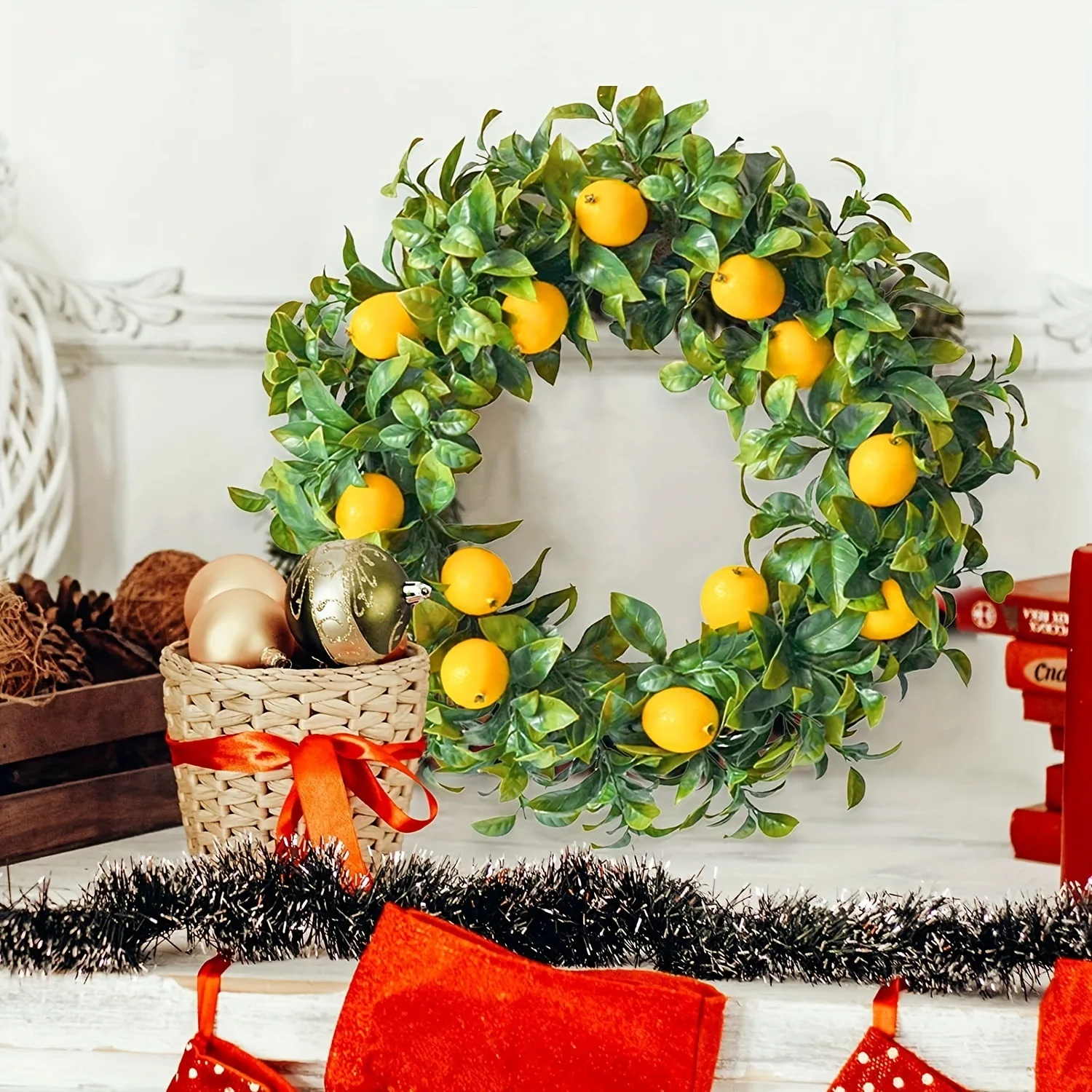 

45cm Lemon Artificial Wreath Realistic Front Door Wreath Spring Summer Wreath for Farmhouse Yard Festival Garden Indoor Outdoor