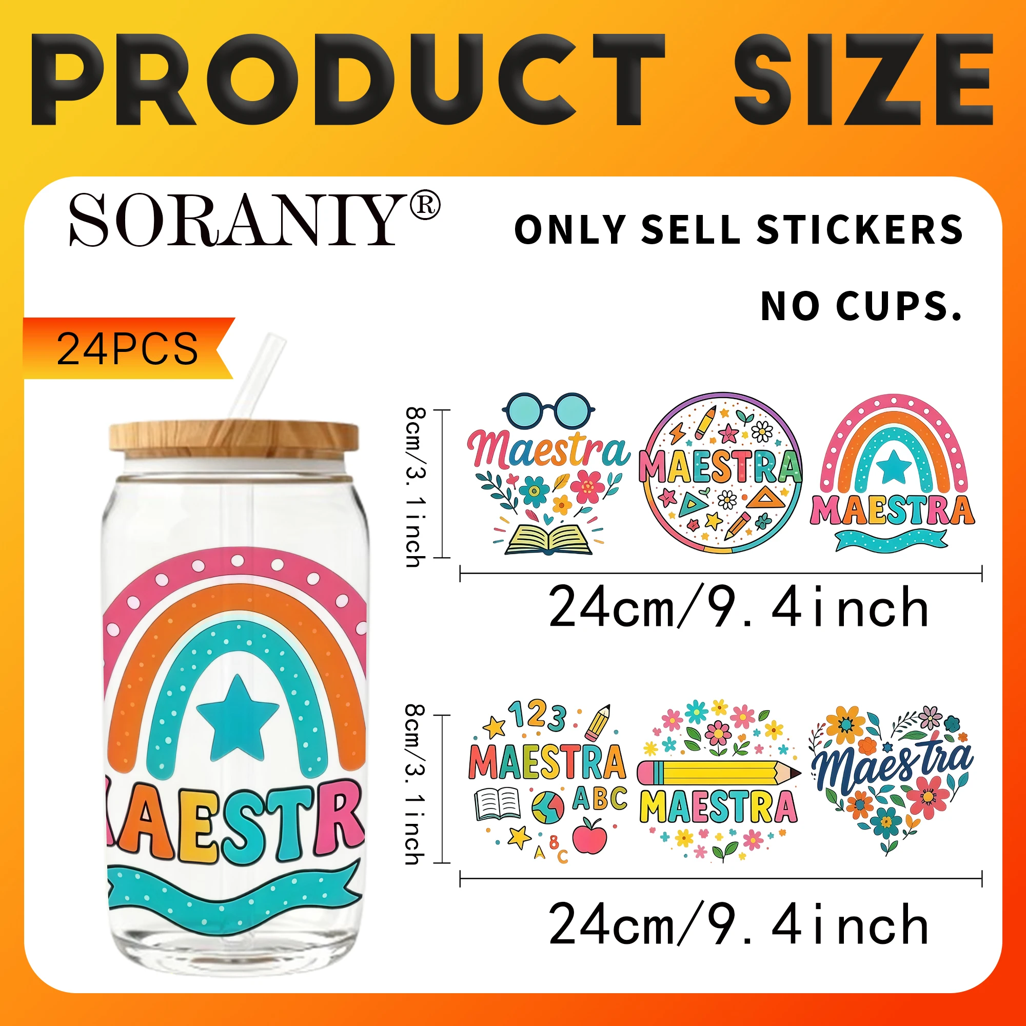 24PCS/Set Colorful Spanish Maestra Teacher Graphic Themed UV DTF 16OZ DIY Transfer Paper Set Golden Text Used For 16oz Water Bot
