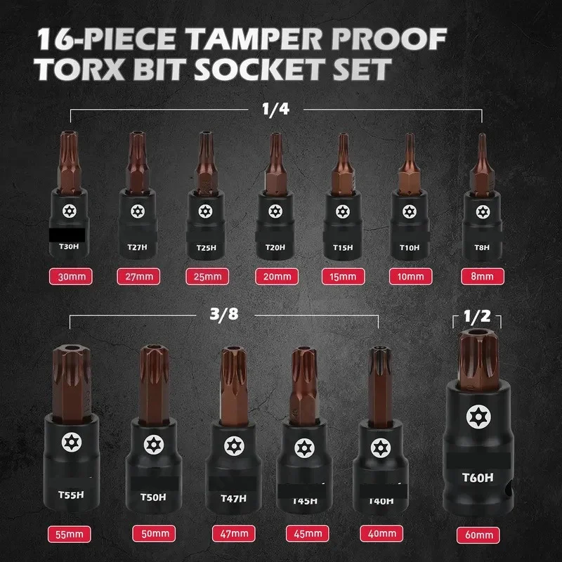 16 Piece T Type Pressing Batch Sleeve Set T8-T60 Star Screwdriver Bits with Adapter 1/2 Inch Drive Socket Wrench Tool Kit
