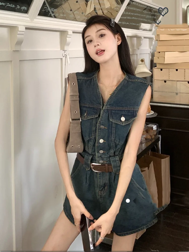 

2023 Summer Sleeveless Denim Jumpsuits Women Vintage Jean Shorts Romper Mujer Streetwear High Waist Female Jumpsuits