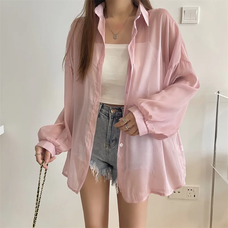 Korean Style Balloon-Sleeve Sheer Chiffon Cardigan Women Summer Long Sleeve Button Up Shirts Holiday Beach Thin Cover Up Coat