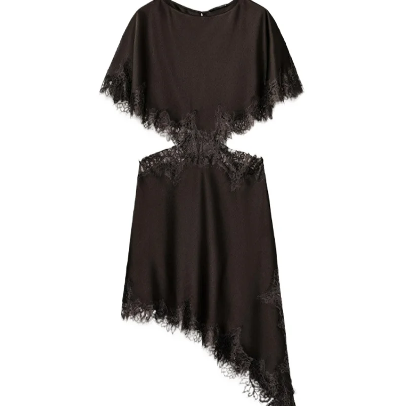 

Черное кружевное платье с пэчворком, сексуальное, с асимметричной талией, средней длины, для женщин, новая модная коллекция 2026 года в европейско-американском стиле