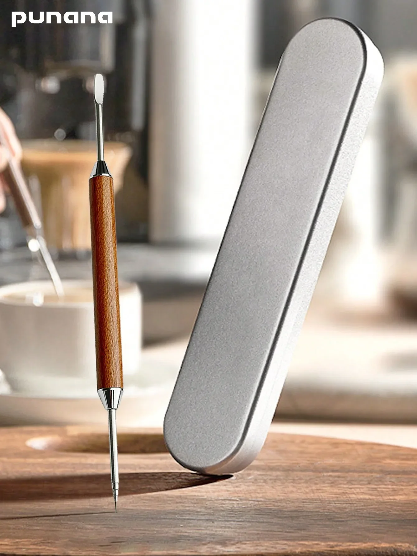 Stainless Steel Coffee Art Pen With a Box, Coffee Latte Needle with Wood Handle Cappuccino Spatula Needle Barista Tool