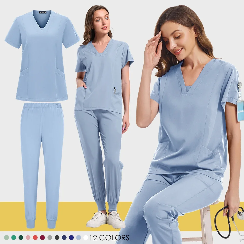 Abbigliamento di bellezza per cure mediche set uniforme da infermiera medico dentista clinica abiti da lavoro camicia clinica con scollo a V pantaloni alla caviglia