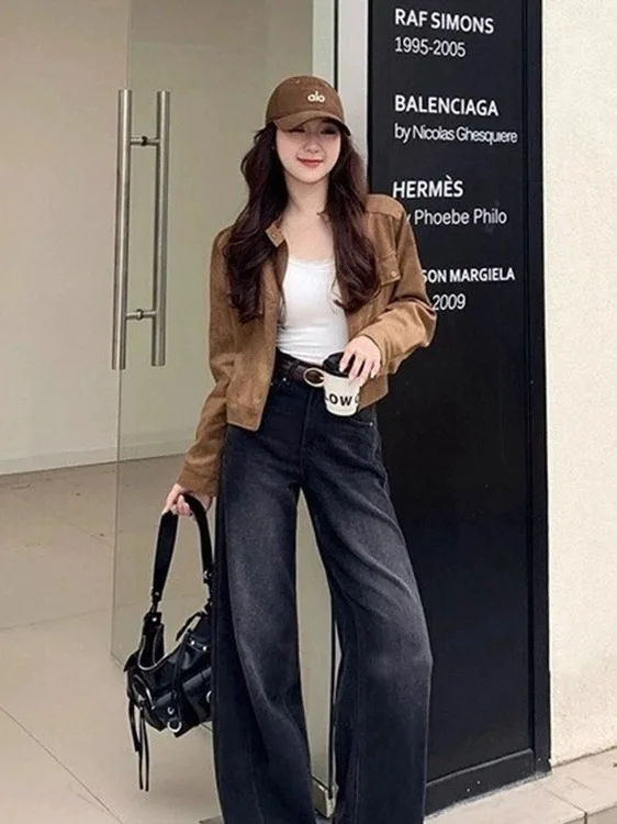 

plus Size Women's Casual Bla ey Wide Leg Jeans High Waist Straight Cut Long Pants Autumn Faion Simple Versatile Slimming