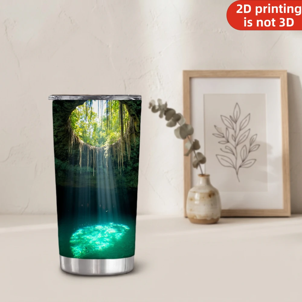 20oz Tropical Cenote Cave Printed Stainless Steel Tumbler with Lid and Straw, Sunbeam Underground Sinkhole Jungle Water Pool Landscape Vacuum Insulated Travel Coffee Mug Gifts for Nature Lovers
