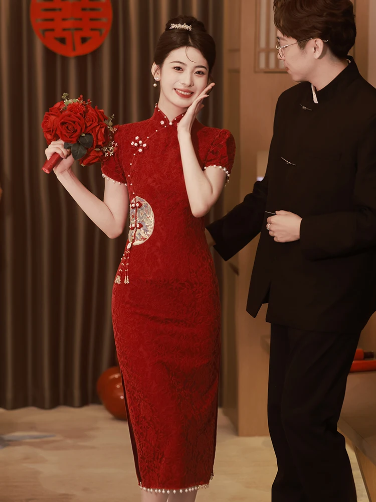 

Red Wedding Dr Lace QiPao ort Sve mid Waist Fit for Par Performance And Daily Wear Polyester Fiber Vintage Sle