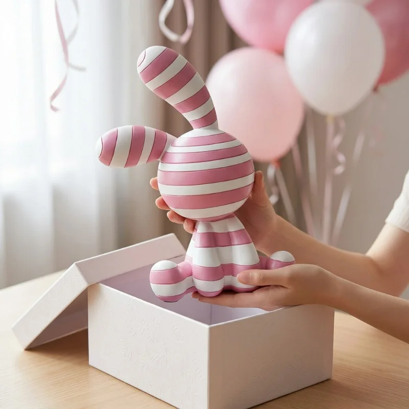 Fanshijia Rabbit Statue Resin Art Sculpture Pink White Striped Figurine Modern Home Decor Ornament For Living Room Desk Bookcase
