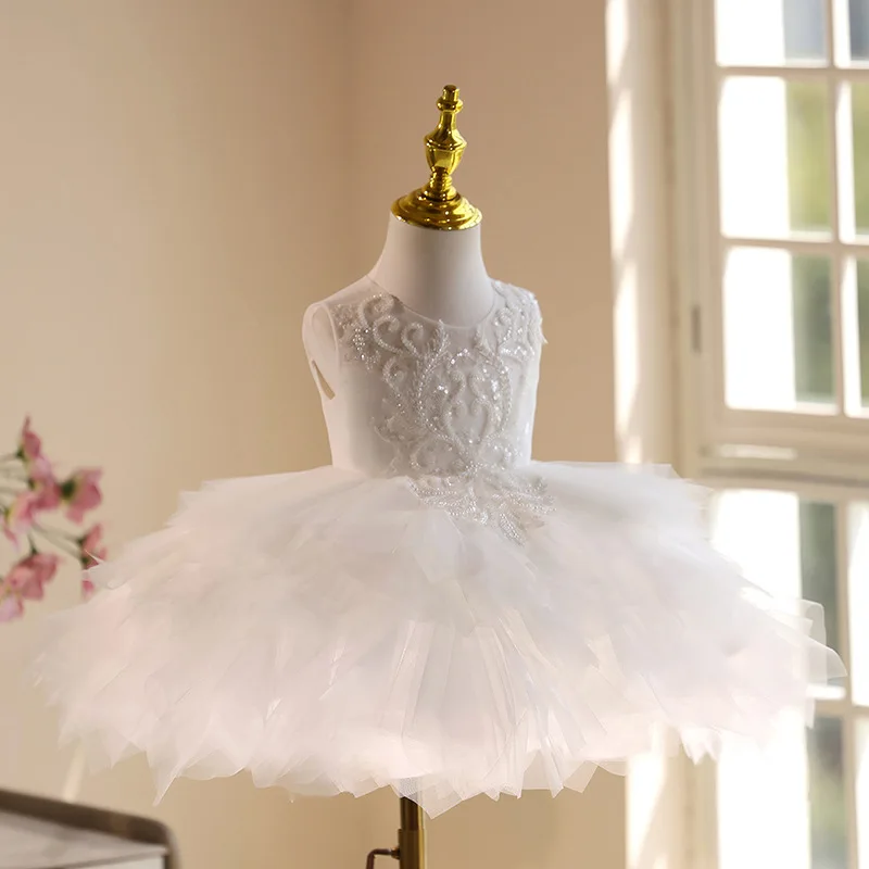 White Baby Girl 1st Birthday Dress Lace Beaded Tulle Kids Girl Dresses Toddler Baptism Birthday Party Wedding Children Clothing - view 3