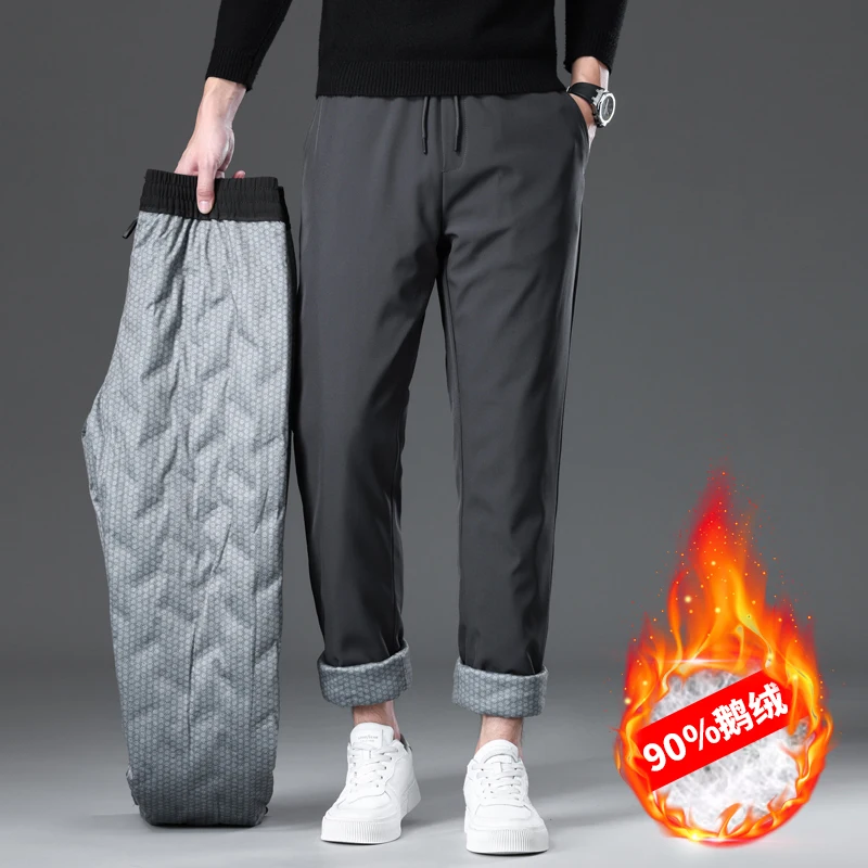 Winter Men's Goose Down Pants Elastic Waist Outer Wear Cold-proof Casual Down Pants New Winter Thickened Warm Straight Pants