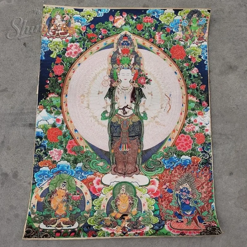 

Thousand-Armed Guanyin Kraft Paper Brocade Tibetan Tangka Embroidery Painting Gold Thread Embroidery Decorative Hanging Arts