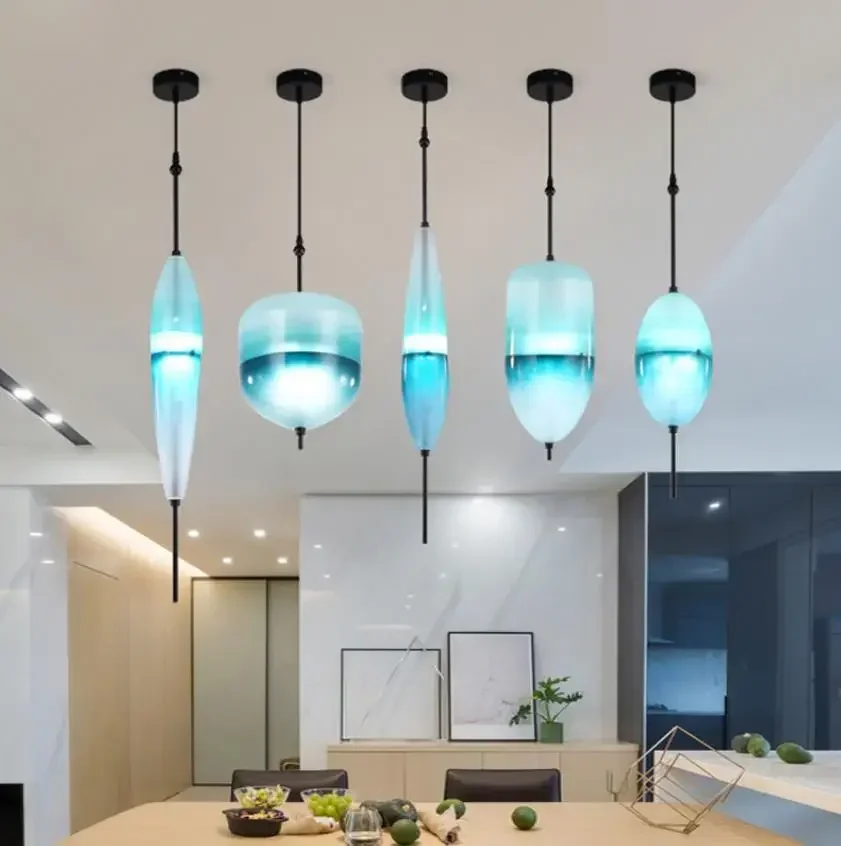 

Nordic modern teardrop-shaped blue glass pendant light LED art deco simple white hanging lamp for living room restaurant kitchen
