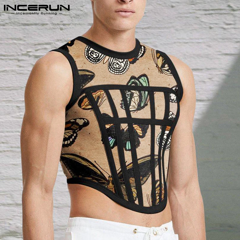 2023 Men Tank Tops Mesh Patchwork Round Neck Streetwear Sleeveless See Through Vests Sexy Party Nightclub Men Crop Tops INCERUN