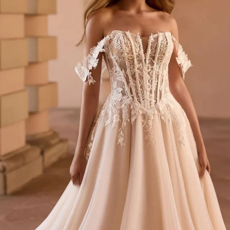 Lace White Wedding Dresses glitter lace flower decal off-shoulder style Gowns multi-layer Made customize