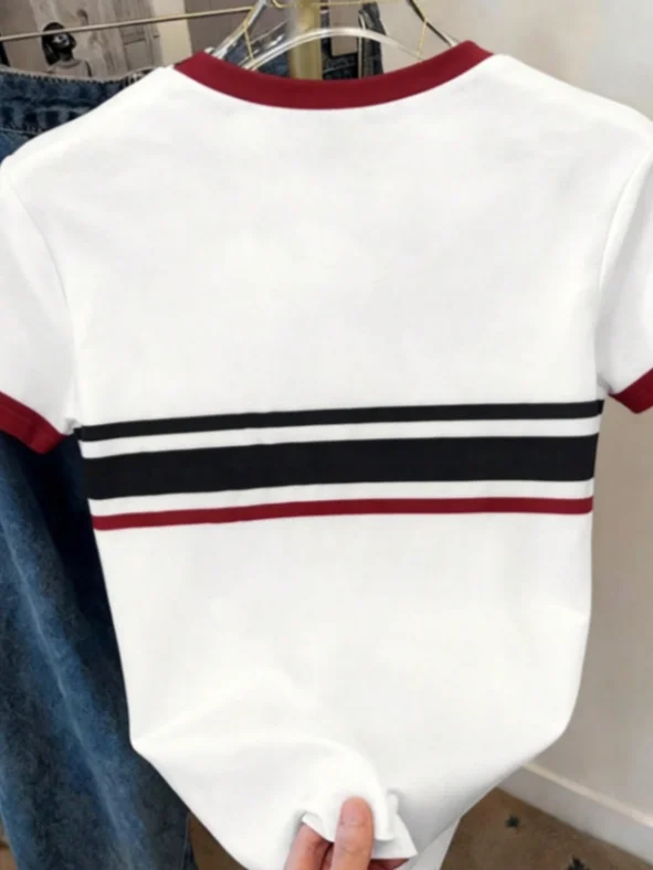 2026 Women Contrast Ringer Striped Short Sleeve T‑Shirt,Round Neck Slim Fit Digital Print Tops,Back To School Casual Daily