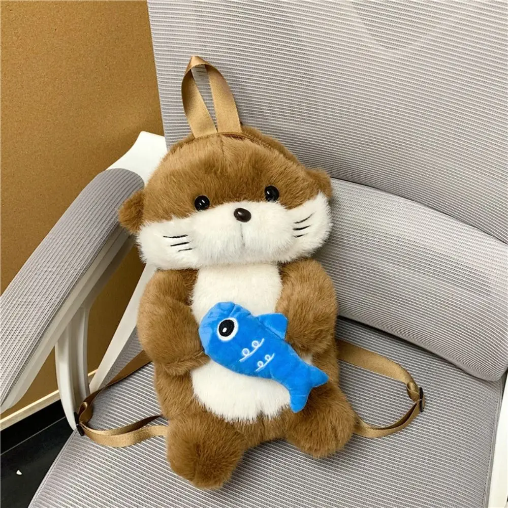 Adorable Otter Backpack Holding Fish Fluffy Simulation Animal Shoulder Bag Soft Realistic Look Student School Bag Casual Use