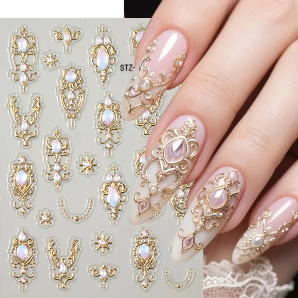 Luxurious 5D Nail Art Stickers Retro Palace Style Imitation Gemstone Nail Decals Crown Necklace Shiny Finish Nail Decals