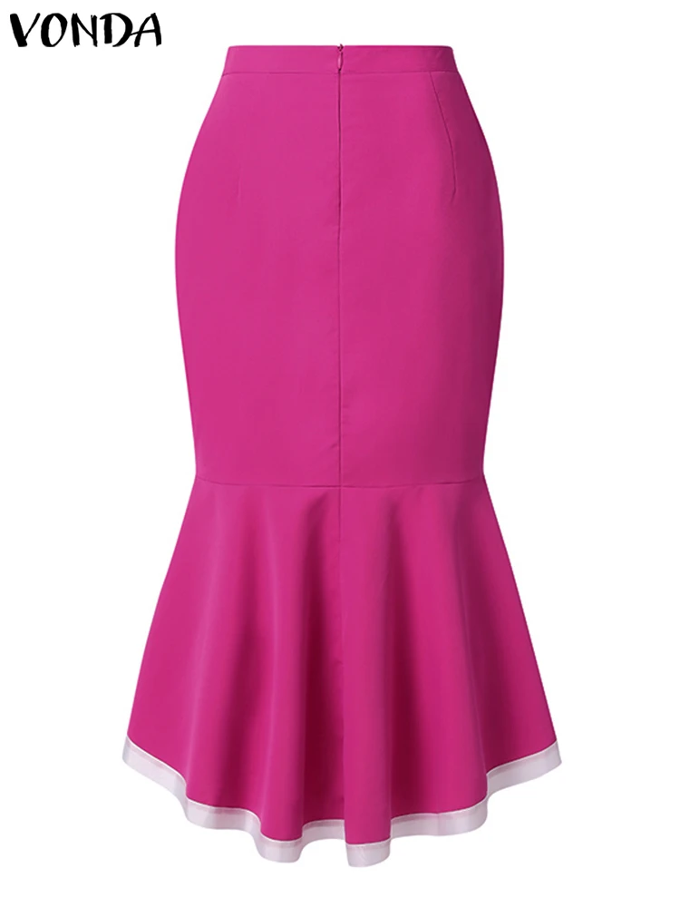 VONDA oversize eleganckie damskie letnie sukienka z rybim ogonem z wysokim stanem spรณdnice Midi z falbanami w stylu Casual, plisowana kolorowy