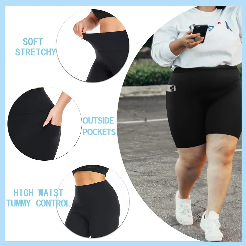 Damen-Yoga-Shorts mit hoher Taille, Übergröße, Workout-Leggings mit zwei Taschen, Stretch, europäischer Stil, Activewear für Fitnessstudio und Freizeit – Detail 2
