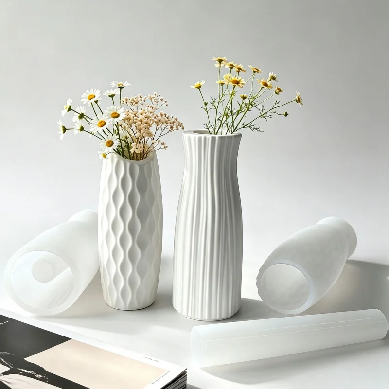 DIY Flat/Bevel Opening Vase Plaster Silicone Mold Handmade Stripe Flower Vase Cement Gypsum Resin Molds Home Decoration Crafts view 4