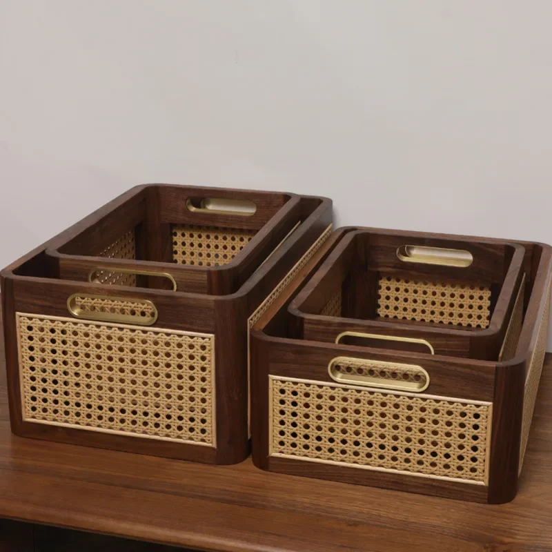 

Black Walnut Rattan Woven Storage Box Desktop Sundries Cosmetics Container Simple Household Multi-functional Organizer Basket