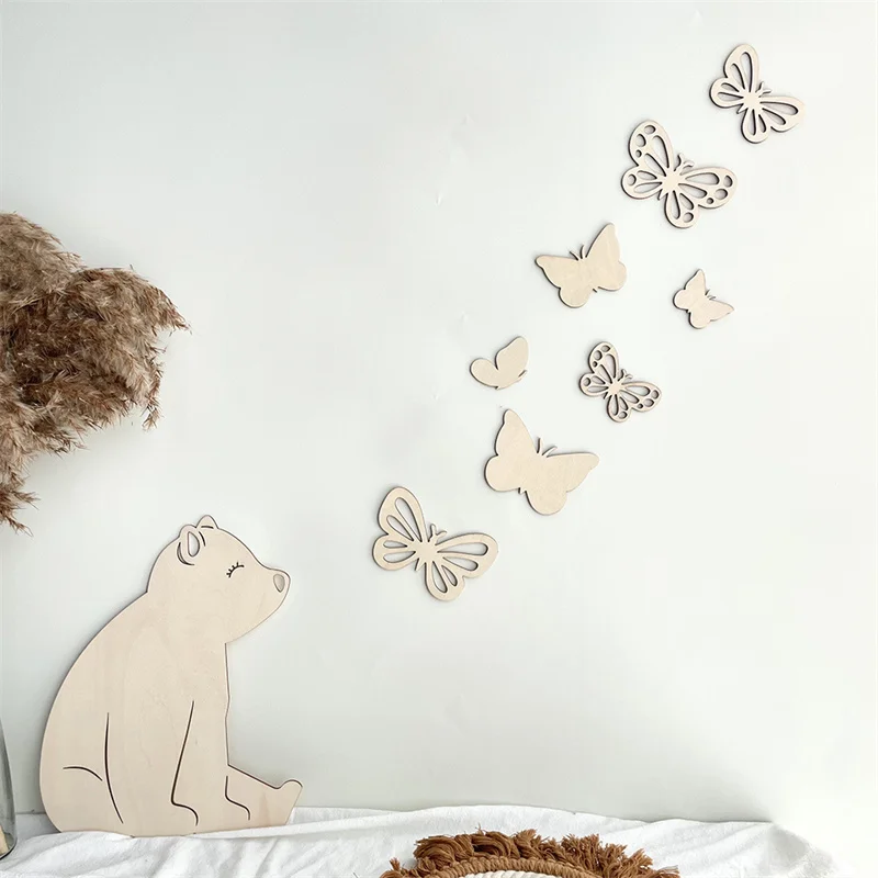 INS Nordic Wooden Butterfly Wall Stickers 3D Butterfly Wood Sticker Set Kids Room Decoration Ornaments Home Crafts Nursery Decor