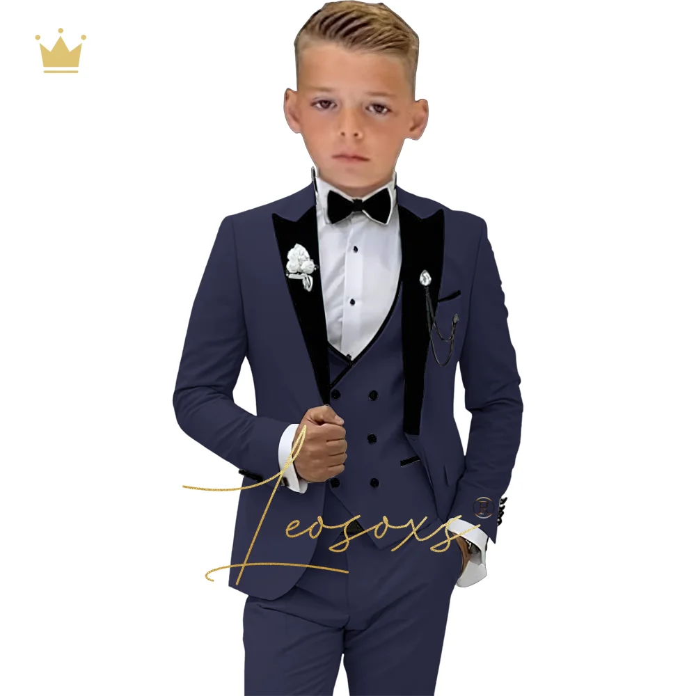 Boys 3-piece suit dress, children\'s peaked lapel fashionable tuxedo suit (jacket + vest + trousers) wedding party birthday suit