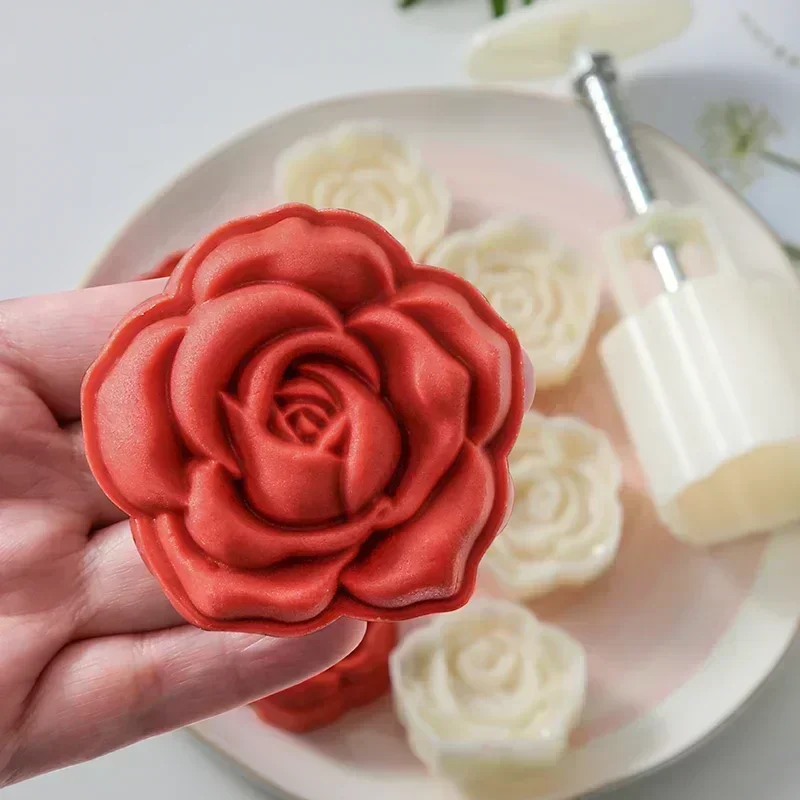 4pcs Rose Shape Mooncake Mold Valentines Day Chocolate Dessert pastry Mold  Hand-Pressure Moon Cake Mould Decoration