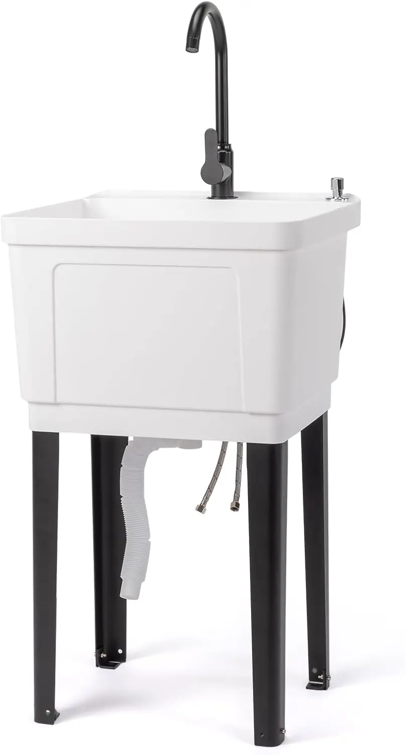 Lavabo multiuso da 13 galloni per lavanderia, lavabo autoportante con rubinetto in acciaio inossidabile, (Bianco, 19,7" L x 18,9" P x 33" H)