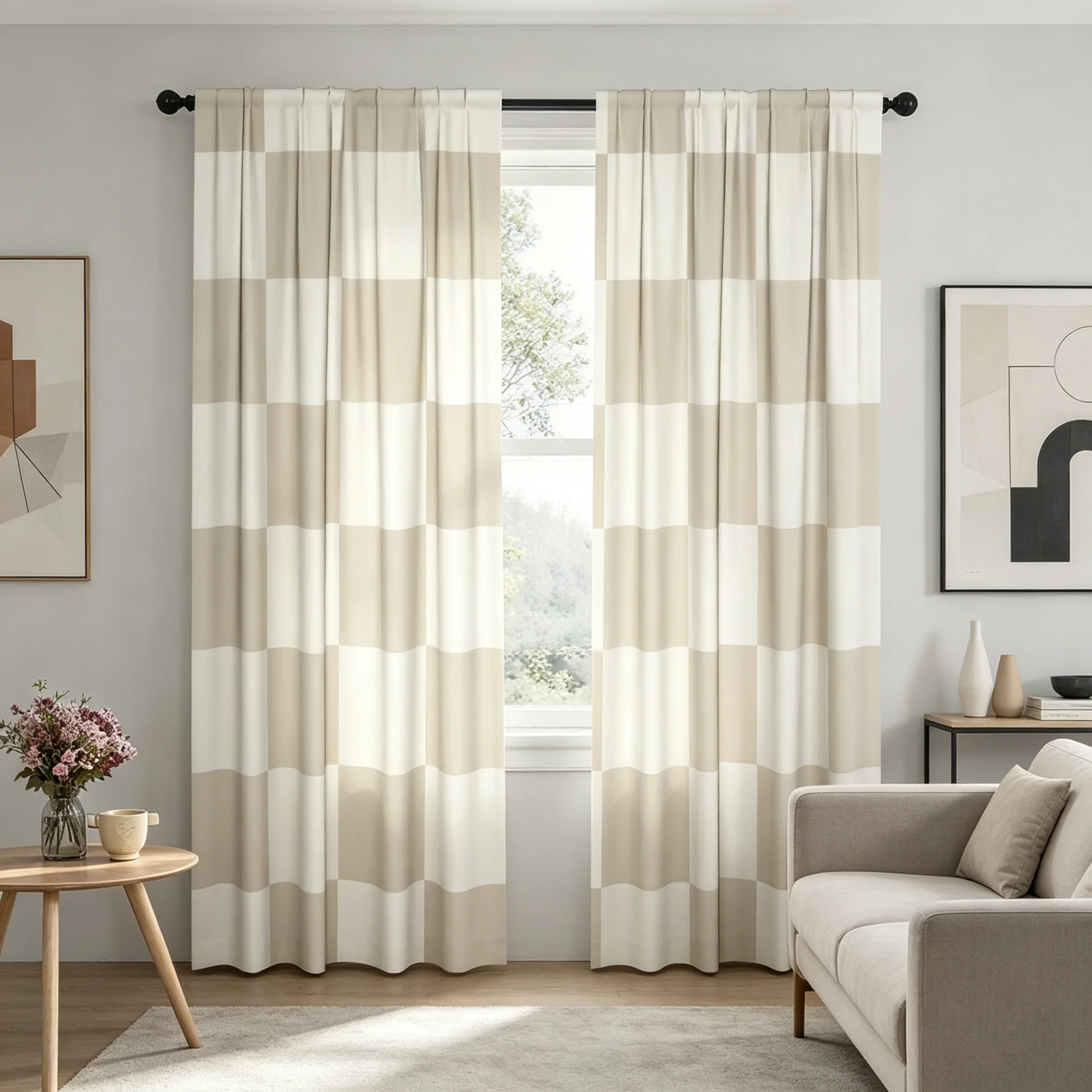 Geometric Plaid Curtains in Mushroom And Cream for Minimalist Bedroom And Living Room - Simple Elegant Design for Serenity And C