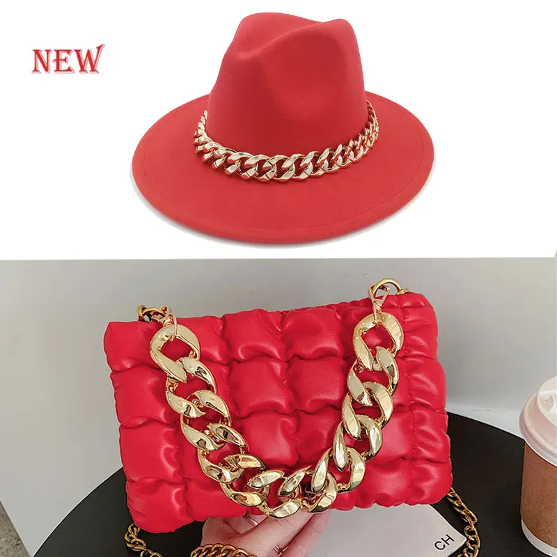 Fedoras Bag Set Hat For Women Jazz Cap Golden Chain Leather Bag Unisex Fashion Church Hat Wide Brim Autumn Winter Hat шапка