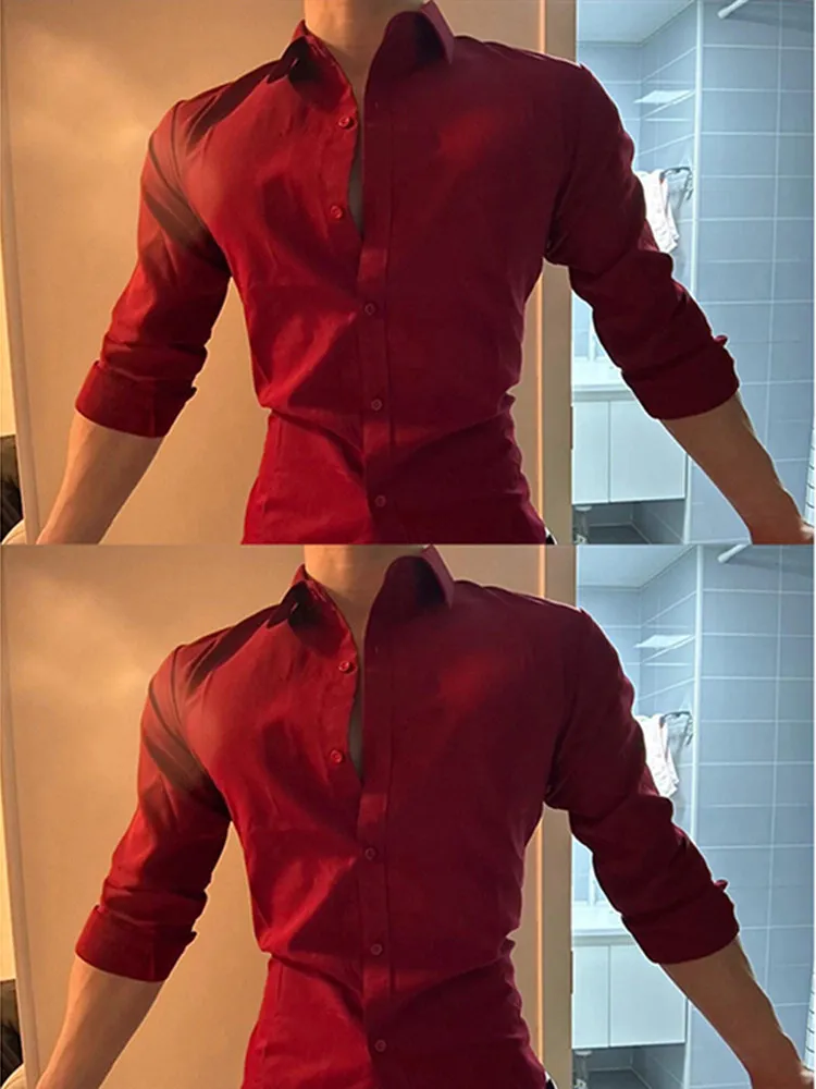 White Slim Fit Long Sleeve Shirt Men's Fashion Spring Muscle Show Shirt Luxury Style Collar Stand up Open Cardigan Trendy Top