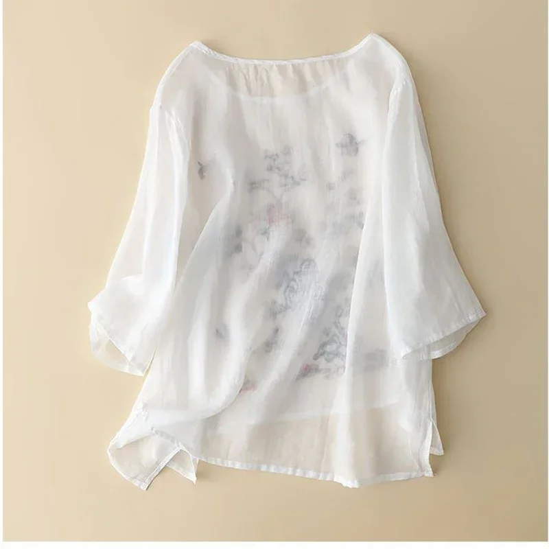 Cotton linen embroidered round neck five-point sleeve blouse 2023 summer new women's retro literary loose large yards temperamen